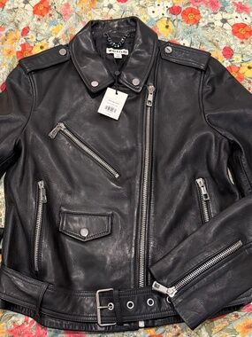 Whistles Belted Agnes Biker Leather Jacket Black Size US 10 EU 42 NWT